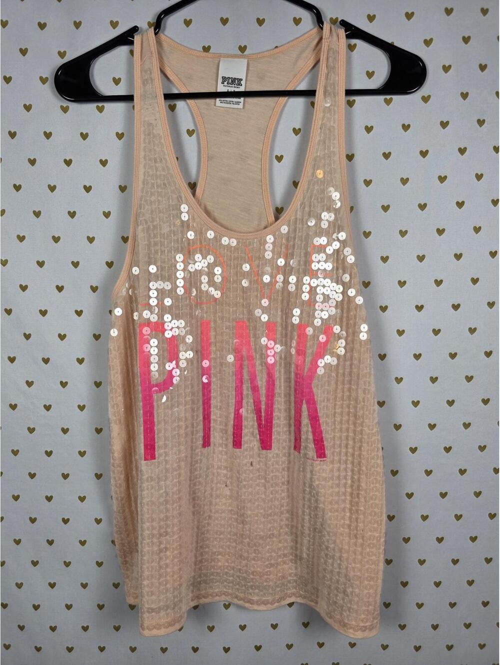 PINK Victoria's Secret Beige Tank Top with Pink Logo and Sequins
